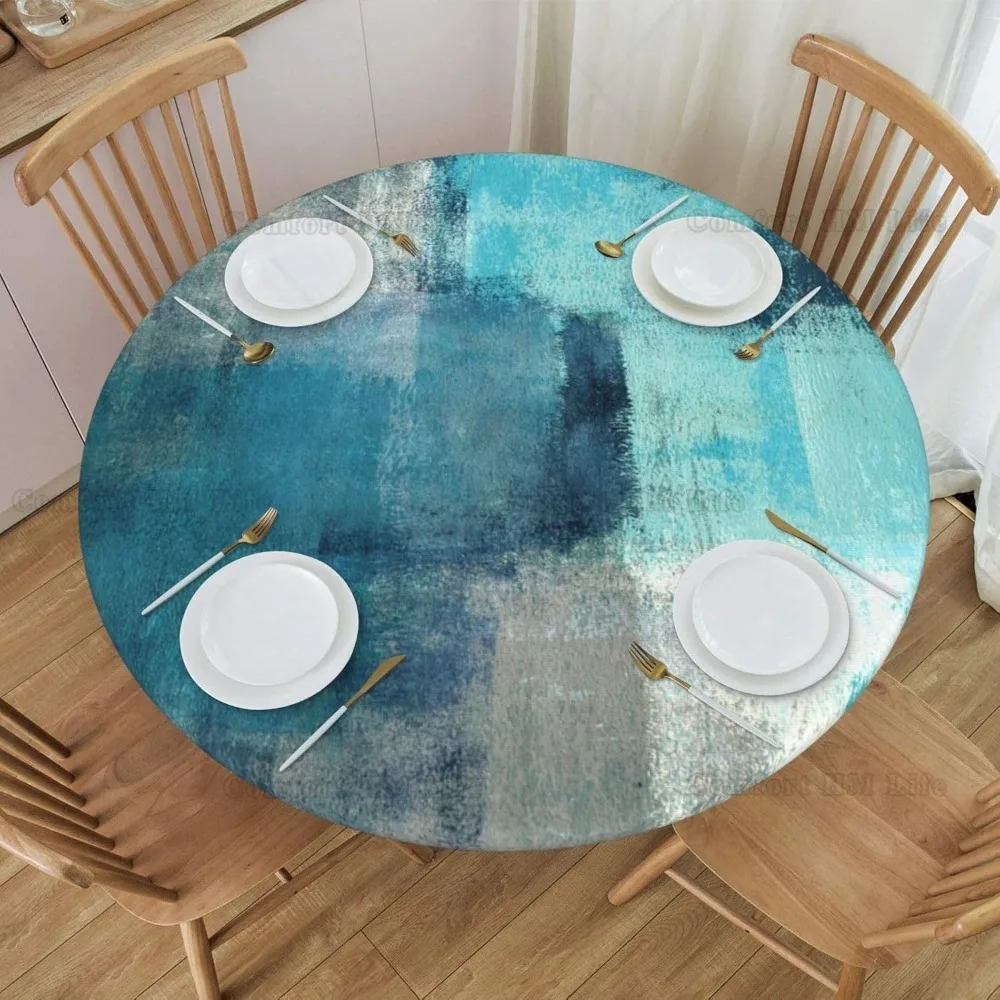 Turquoise and Grey Abstract Art Round Elastic Tablecloth Edge Fitted Table Cover Fits Table 40\