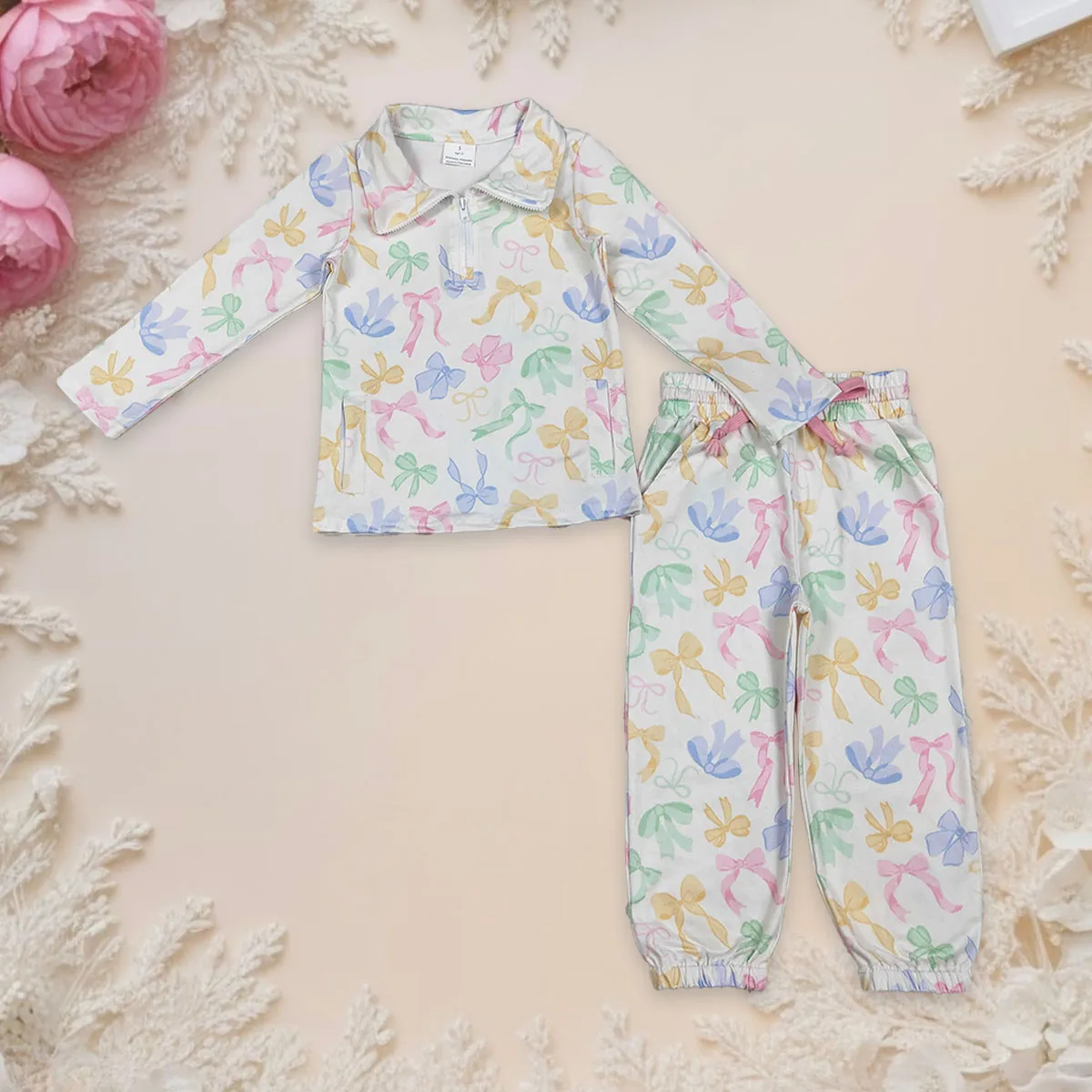 

Осенний наряд для маленьких девочек, пуловер на молнии с длинными рукавами и бантами, детские штаны для бега, детский весенний комплект одежды, оптовая продажа