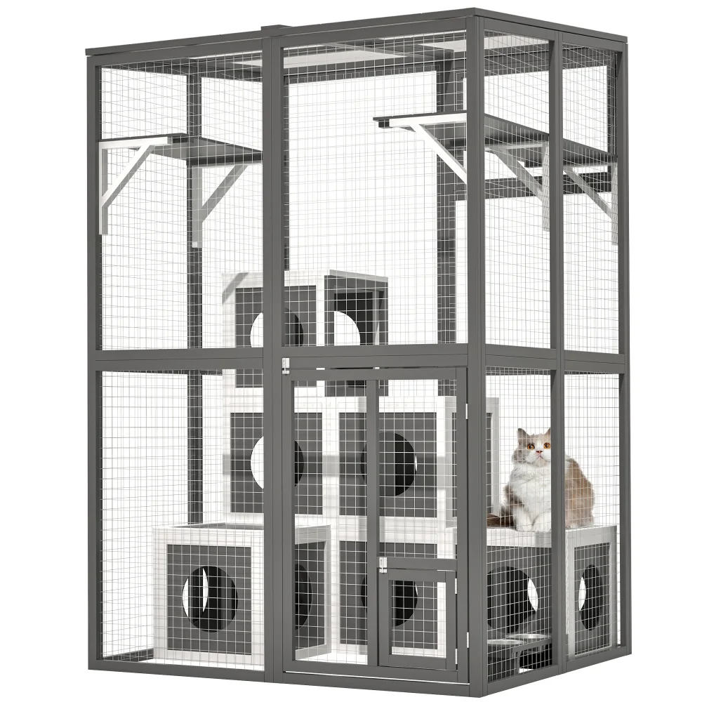 

Large Outdoor Solid Wood Cat Catio: Walk-in with 2 Jump Platforms &7 Napping Houses,Grey