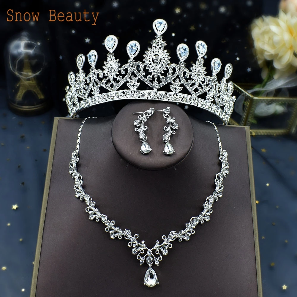 A175 Bridal Necklace Rhinestone Earrings Crown Wedding Jewelry Sets Women Crystal Tiaras Prom Queen Pageant Princess Crown Sets