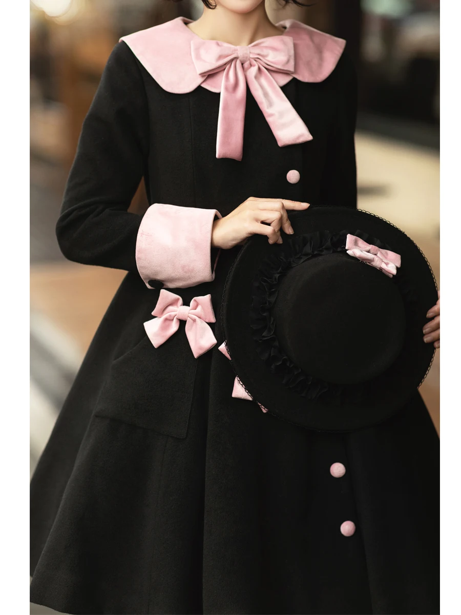 เสื้อโค้ทขนสัตว์แบบกระดุมแถวเดียว สไตล์โลลิต้า น่ารักหวานๆ สำหรับสาวๆ  แบบย้อนยุคหรูหราสไตล์ฝรั่งเศส  สำหรับฤดูใบไม้ร่วงและฤดูหนาว  สไตล์ญี่ปุ่น  พร้อมโบว์