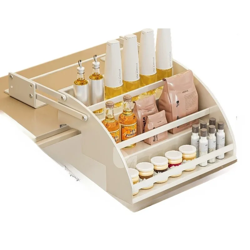 Adjustable Height Pull-down Storage Basket for Top Cabinet, Lift-up Spice Rack, Strong Load Organizer, Easy Access Shelf