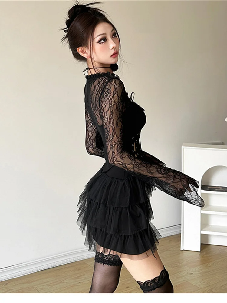 Nibber Black Retro Mysterious Lace Sexy Mature Beautiful Sweet Gentle Personality Women Drawstring Laminated Ruffled Tutu Dress