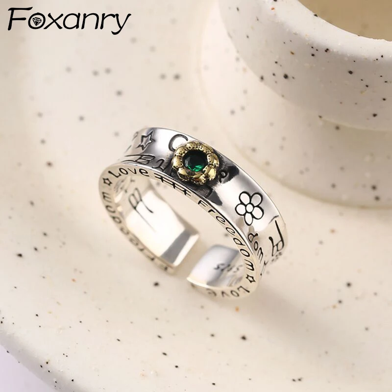 Foxanry Green Zircon Letter Graffiti Flower Rings For Women Girls Vintage Trendy Elegant Classic Cute Birthday Jewelry Gifts