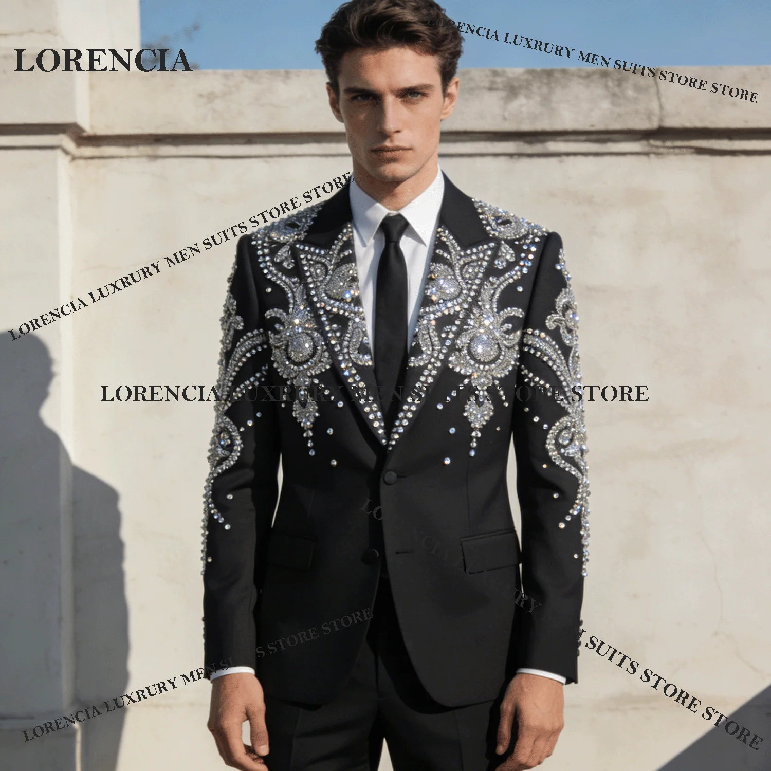 

Elegant Customized Rhinestones Gem Men Suits 2 Pieces Sets Groom Male Party Blazers Formal Slim Fit Wedding Tuxedos Ropa hombre