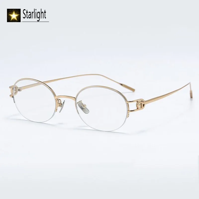 

Ultra-light Pure Titanium Semi-Rimless Glasses Frame Woman Oval Gold Eyeglasses Frames Women Reading Prescription Myopia 146mm
