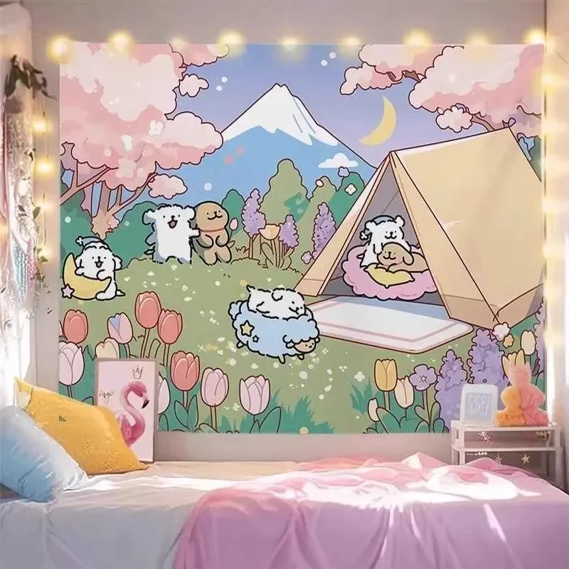 Cute Pet Camping Cartoon Style Simple Tapestry Decorative Tapestry for Dormitory Headboard and Bedroom Wall Fabric Background Z2