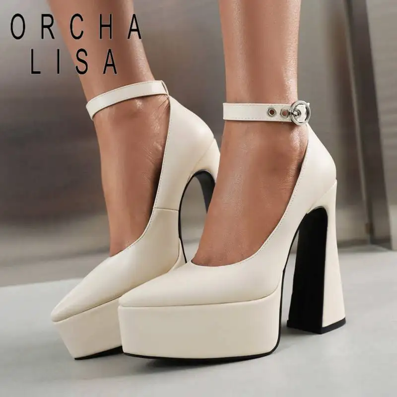 ORCHA LISA Ladies Pumps Pointed Toe Block Heel 14.5cm Platform 4.5cm Ankle Buckle Strap Sexy Party Female Shoes Big Size 42 43