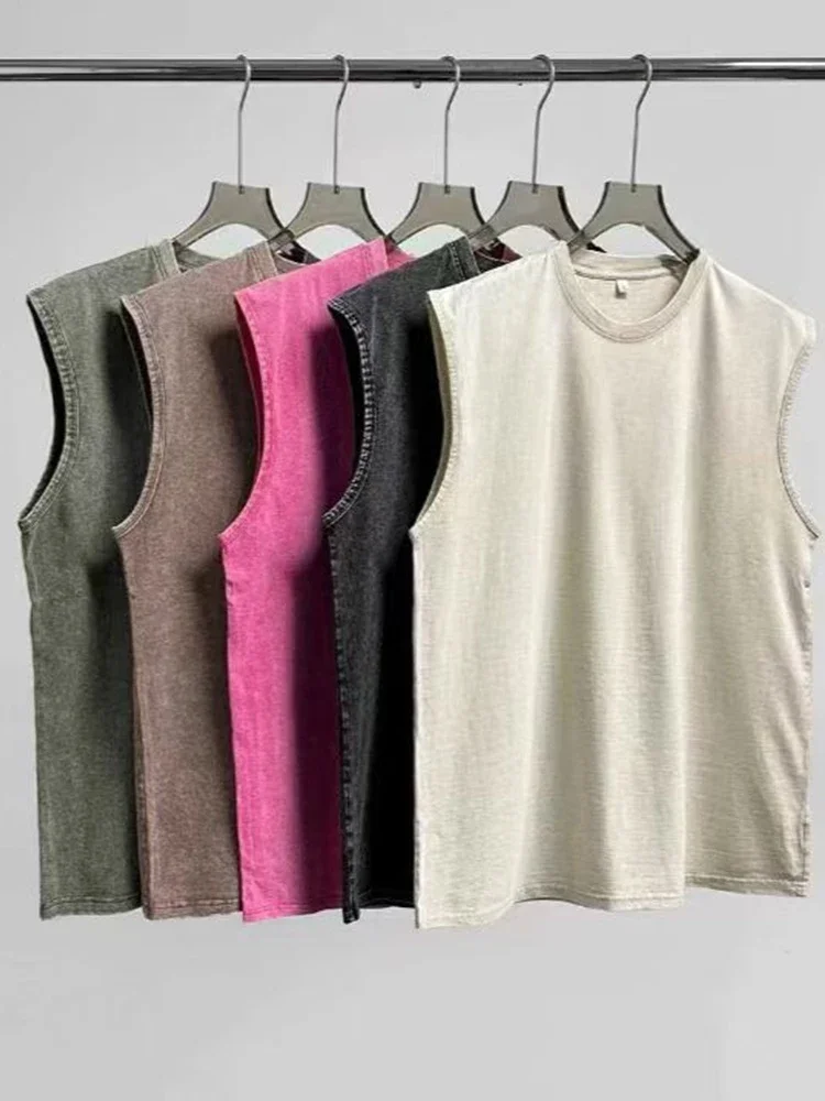 Summer Men's Washed Cotton Tank Tops Muscle Gym Sleeveless Workout T Shirts Running Beach Loose Cutoff Tees image 2