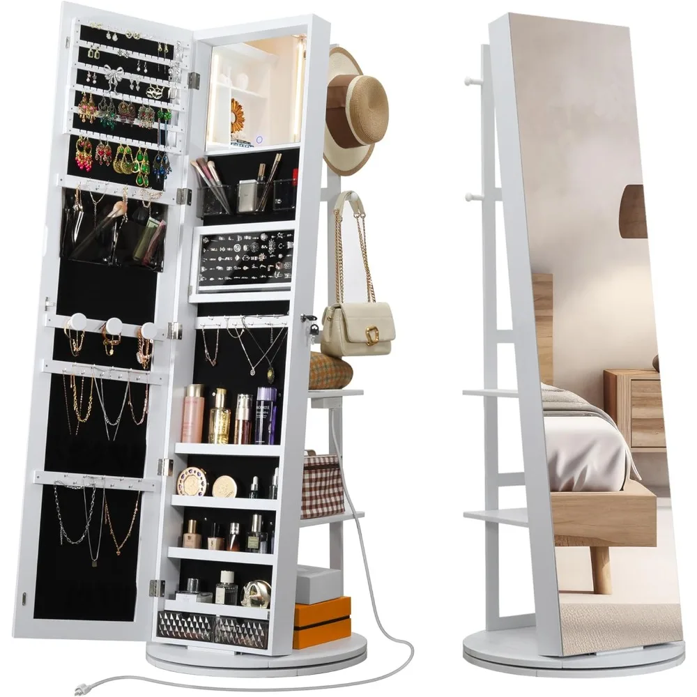 

360° Swivel Mirrored Jewelry Cabinet with Full-Length Mirror,Charging Station,with Rear Storage Shelves, LED Lights, White