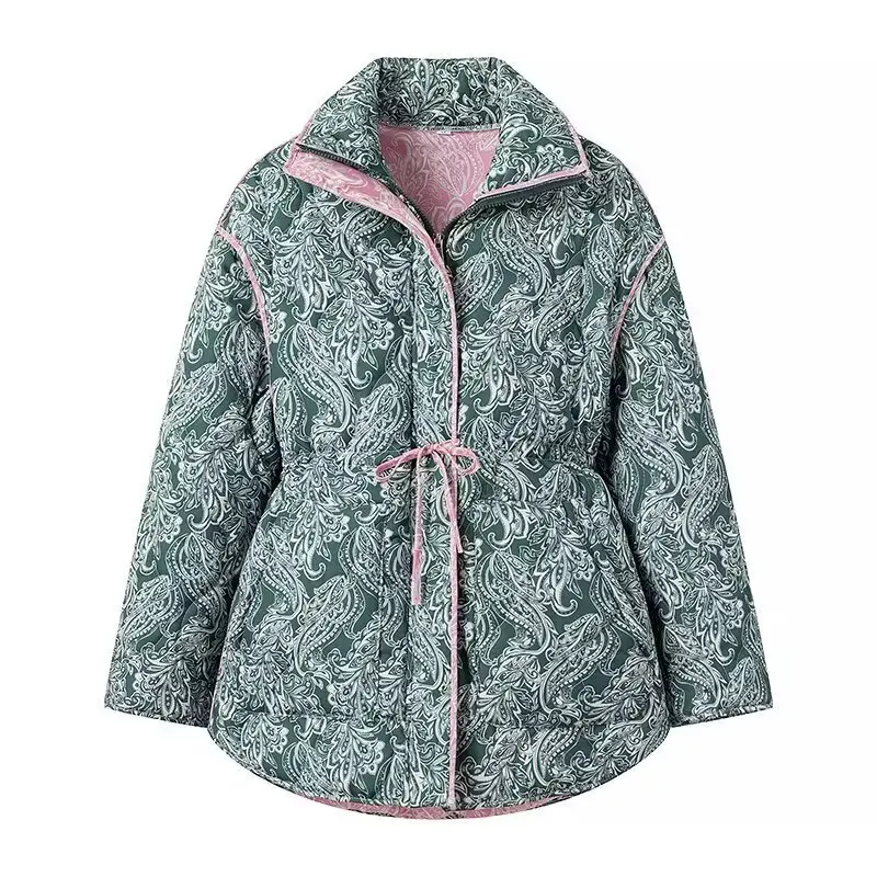 Parka con cintura para mujer, Chaqueta de algodón con estampado de almazuela a la moda, ropa de abrigo bidireccional extraíble clásica versátil, Otoño/Invierno