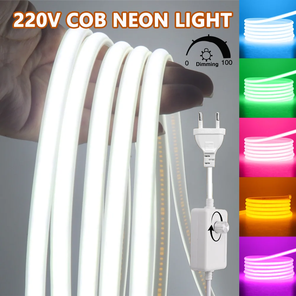 Dimmable COB Neon Strip Light 220V 288Leds/m EU Plug Flexible Tape White Blue Pink Red IP67 Waterproof Ribbon Garden Lighting