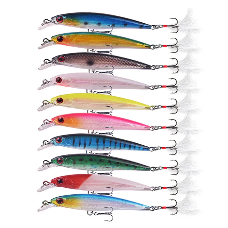 10 Pcs Mixed Colors Fishing Lure Set 9cm 7g Sinking Trolling Minnow Wobblers Plastic Artificial Hard Bait With 8 # Feather Hooks