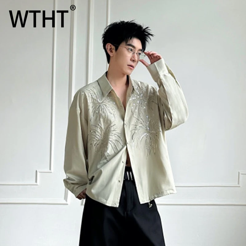 WTHT Fashion Men's Heavy Industy Beads Design Casual Shirts Trendy 2026 Summer American Style Single Breasted Tops Male 2A2833