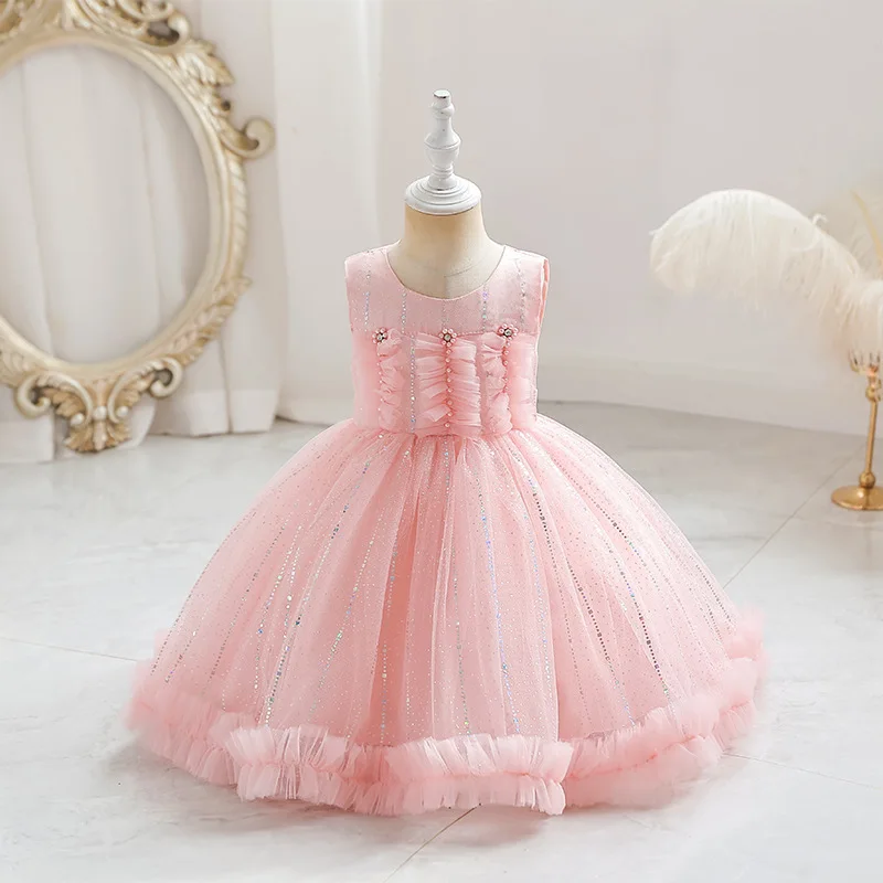 

0-4Y Sequins Striped Girl Kid's Dress Beading Flower Baby One-piece Dress Princess Party Gowns For Young Child vestido menina