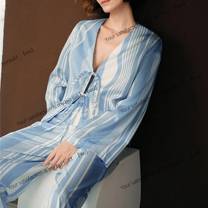 Autumn European and American temperament striped long-sleeved shirt straight trousers set pajamas two-piece set