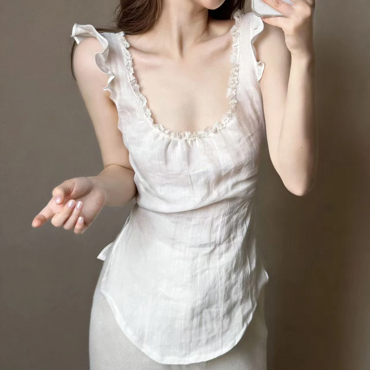 Elegant Gentle Women's Korean Style Vintage Lace Trim Fly Sleeve Vest Waist Cinching Slimming Top Trendy Inner Wear