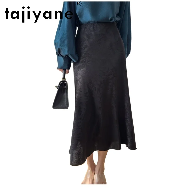 

TAJIYANE 19MM 93% Mulberry Silk Midi Skirt Woman Elegant Jacquard Satin Mermaid Skirt Office Ladies Skirt 2026 Summer Clothes 치마
