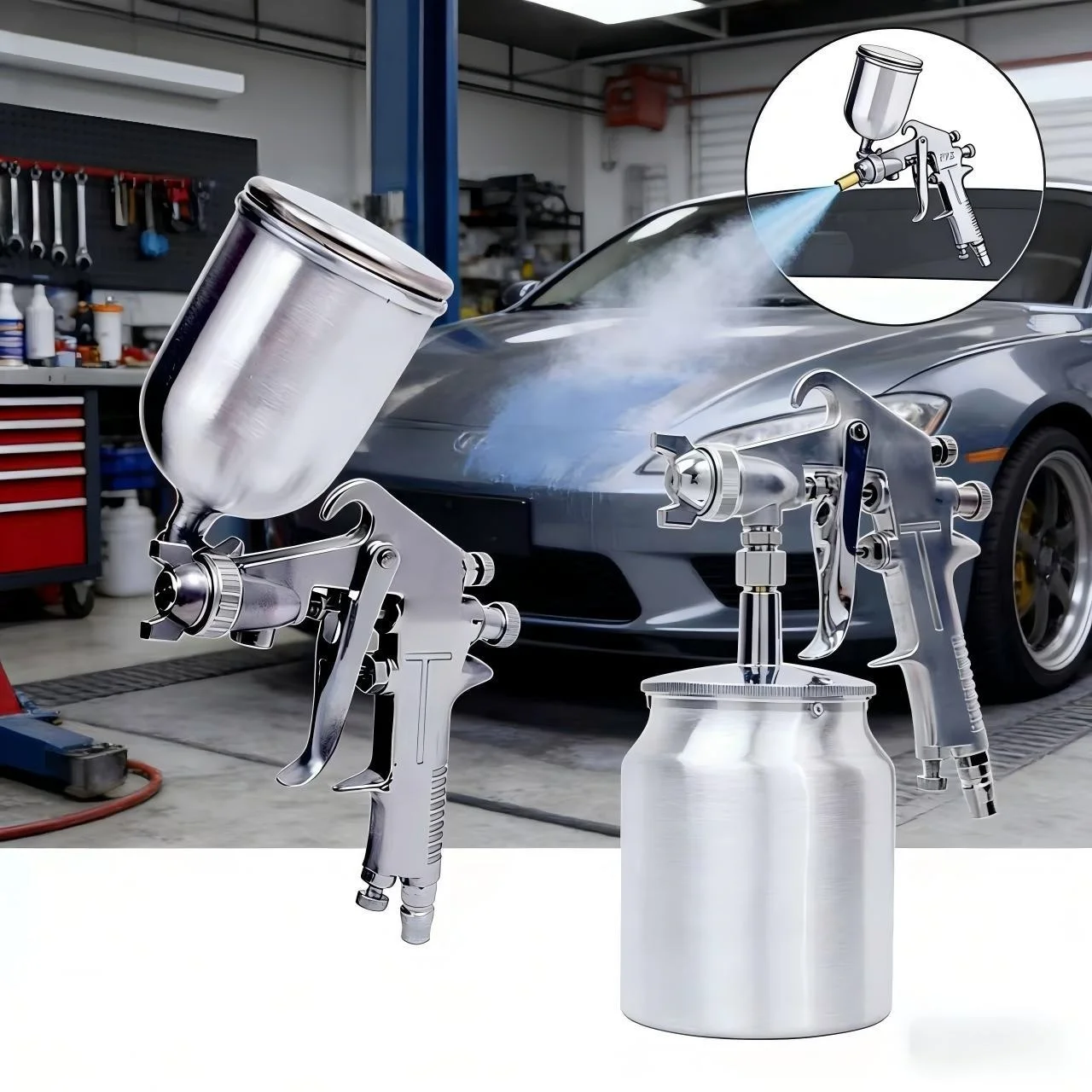 HVLP Spray Gun Air Paint Sprayer, Siphon 750CC/Pressure 400CC, 1.5mm Nozzle, Professional Auto Body Painting Tool