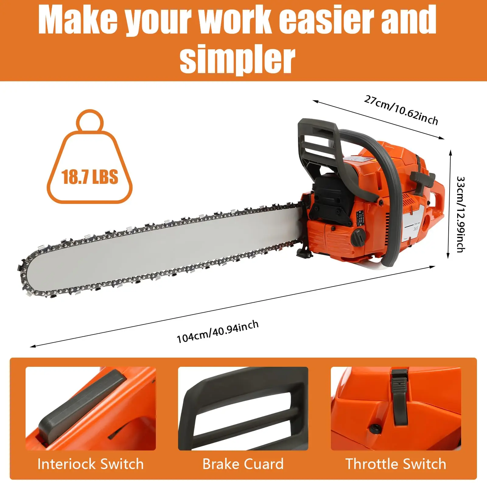24インチガソリン式チェーンソー、65cc 2700Rpm 2ストロークガソリンエンジン、ゴーグルとグローブ付きハンドヘルドガソリンチェーンソー、プルスタート