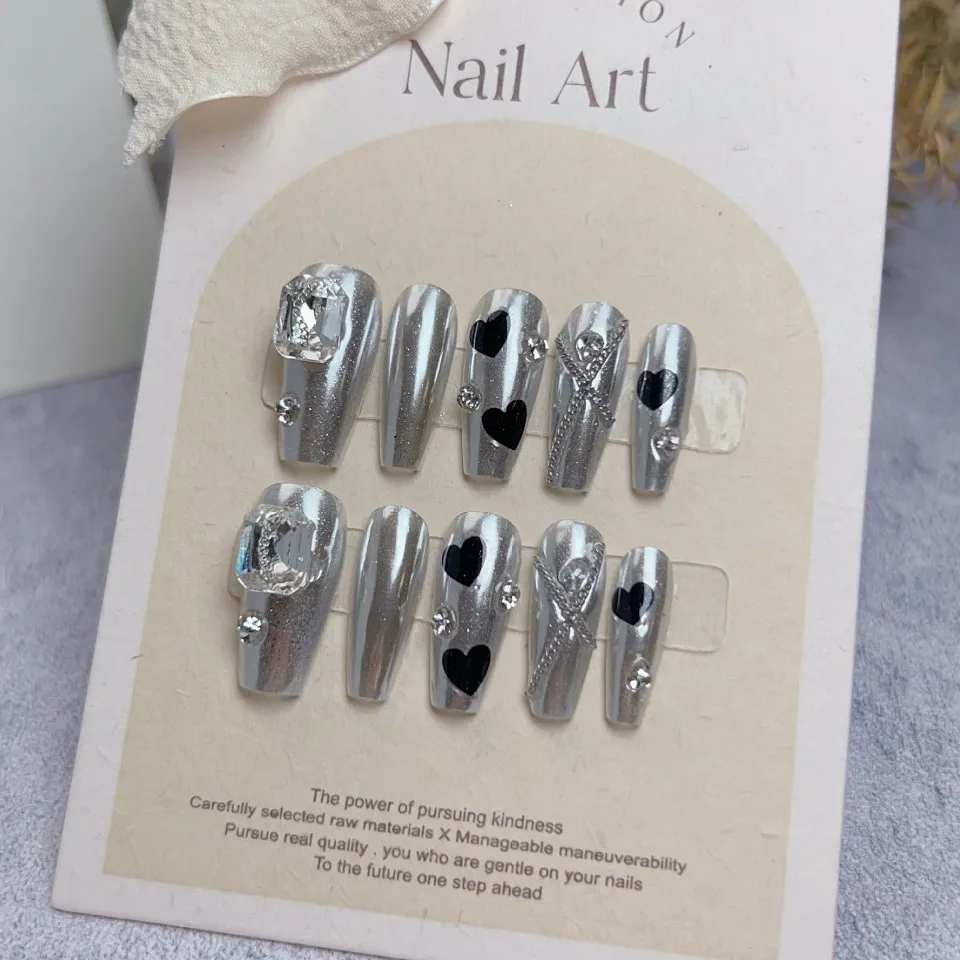 Handmade Press on Nails Silver Love Star Design Y2k High Quality Presson Reusable Fake Nail Tips Artifical Nail Art