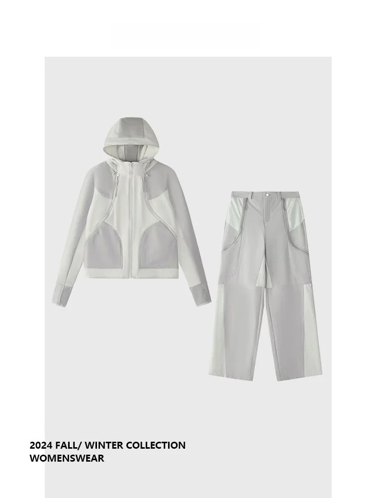 

Комплект женской одежды Forever 2 2025: куртка с капюшоном и брюки, цветной блок, приталенный крой, модная верхняя одежда больших размеров для повседневной носки