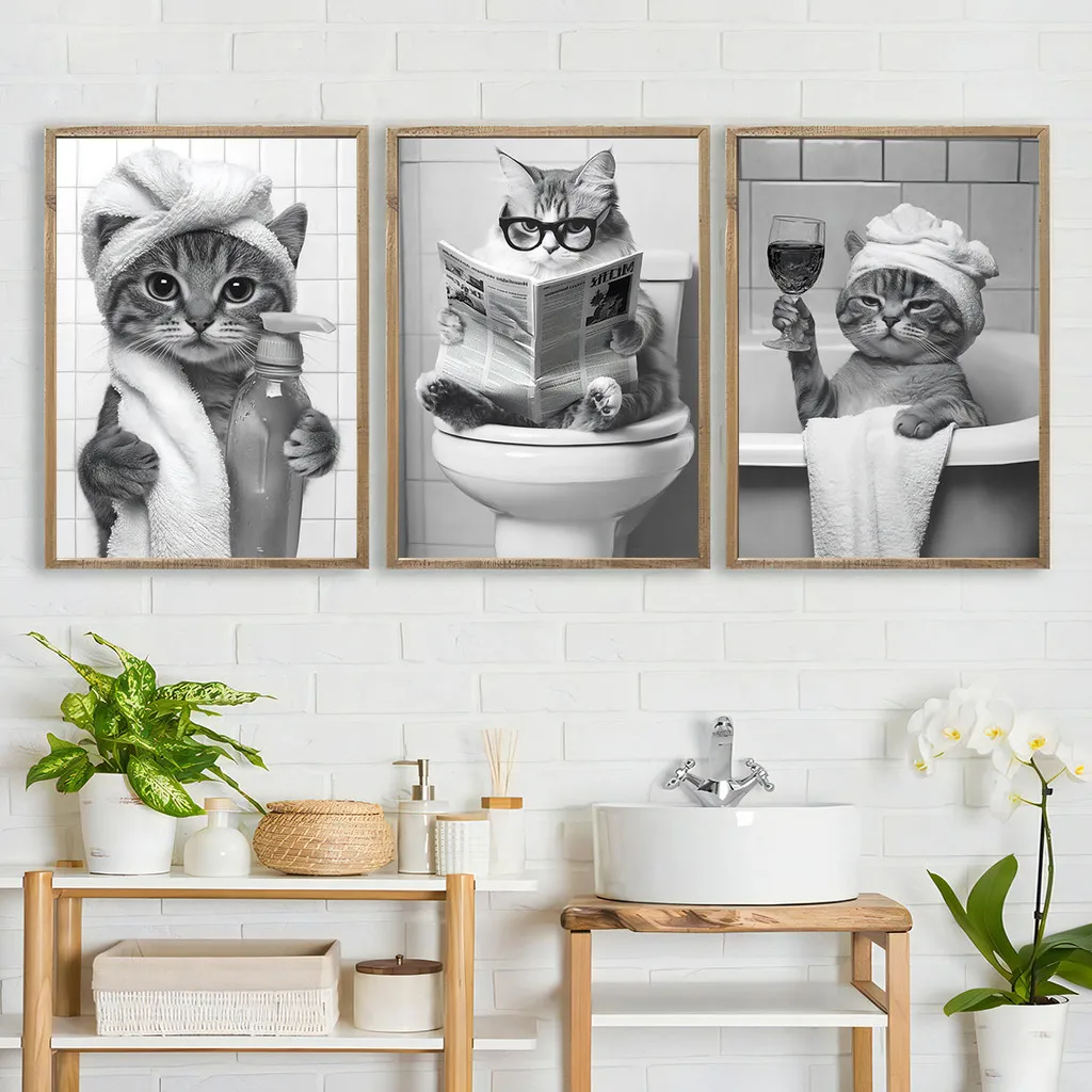 Black and White Cute Animals Canvas Painting Funny Cat Prints Poster for Bathroom Toilet Wall Art Home Decor-unframed