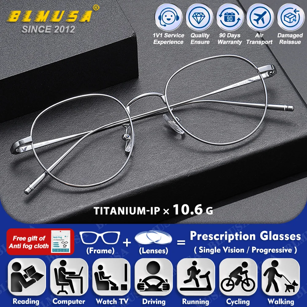 

BLMUSA (S) Classic Round Ultralight Titanium Myopia Prescription Glasses Blue Light Filter Progressive Reading Optical Eyeware