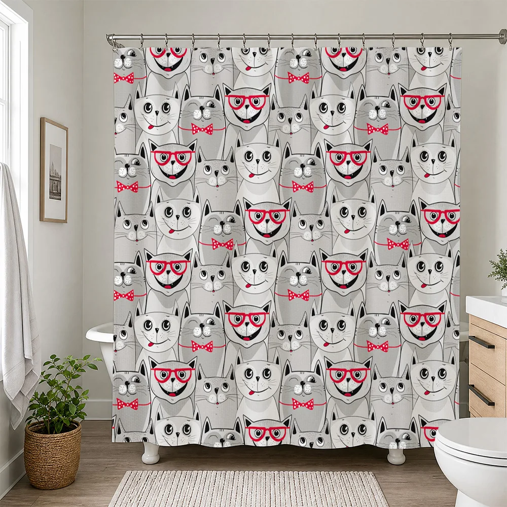 Cute Cartoon Cat Family Shower Curtain Waterproof Shower Liner Bathroom Decor Kawaii Funny Novelty Prints for Modern Home