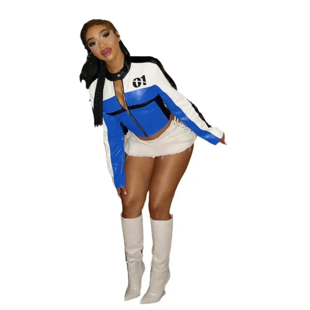 

Motorcycle Style PU Leather Jacket Women's Trendy Zipper Short Coat Digital Print Stitching Contrast Color Long Sleeve Top