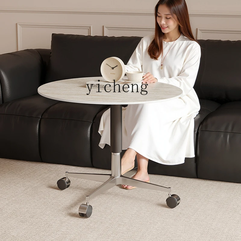 DSA travertine rock slab mobile multi-functional small round table medieval coffee table sofa side table