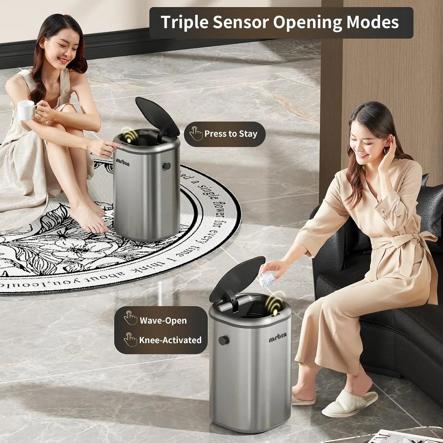 Stainless Steel Motion Sensor Tall Bathroom Trash Can with Lid, 5 Gallon Automatic Kitchen Garbage Pail, Electric Covered Silver