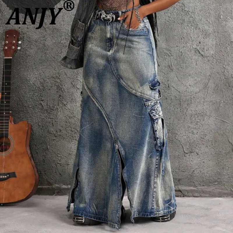 

ANJY Summer New Women Vintage Safari Style Multi-Zipper Split Pockets Streetwear Ins Fashion Asymmetric Trendy Denim Skirt A8037