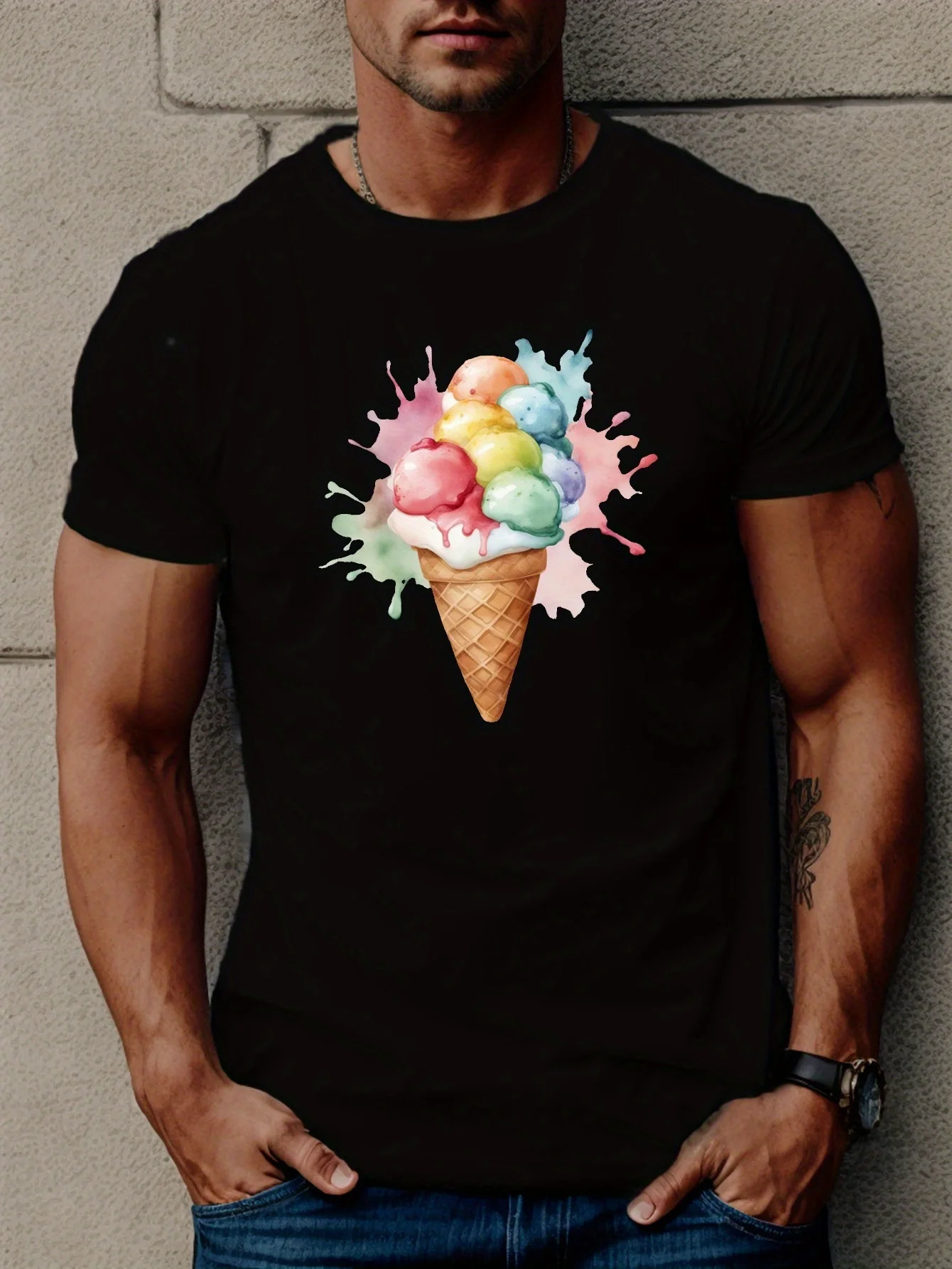 Ice cream print T-shirt, men's T-shirt, summer casual short-sleeved T-shirt