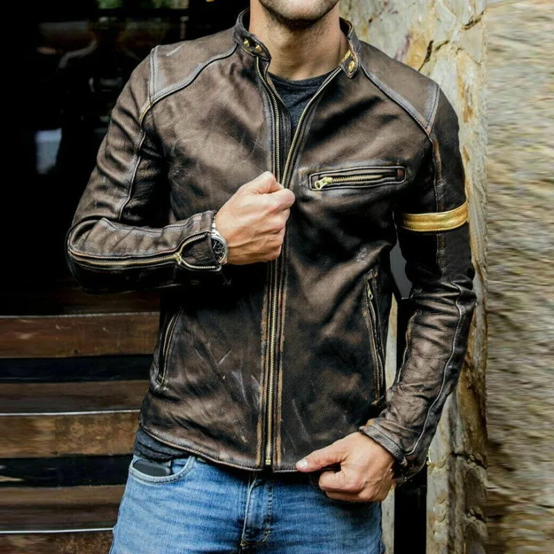 KIDWHXR Herbst Herrenjacke Motorrad Punk Stehkragen Reißverschluss Lederjacke Slim Fit Langarm Winddichte Oberbekleidung für Männer – Detail 4