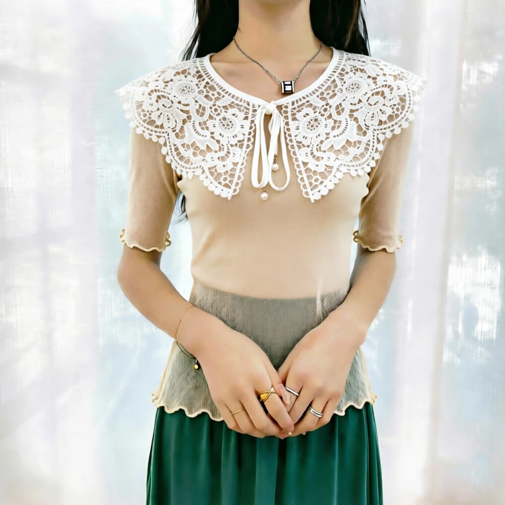 Lace False Collars Short Sleeve T Shirt Women Silver Shiny Transparent Elastic Female Blouses 15 Color S-2XL Girl's Shirt Tops