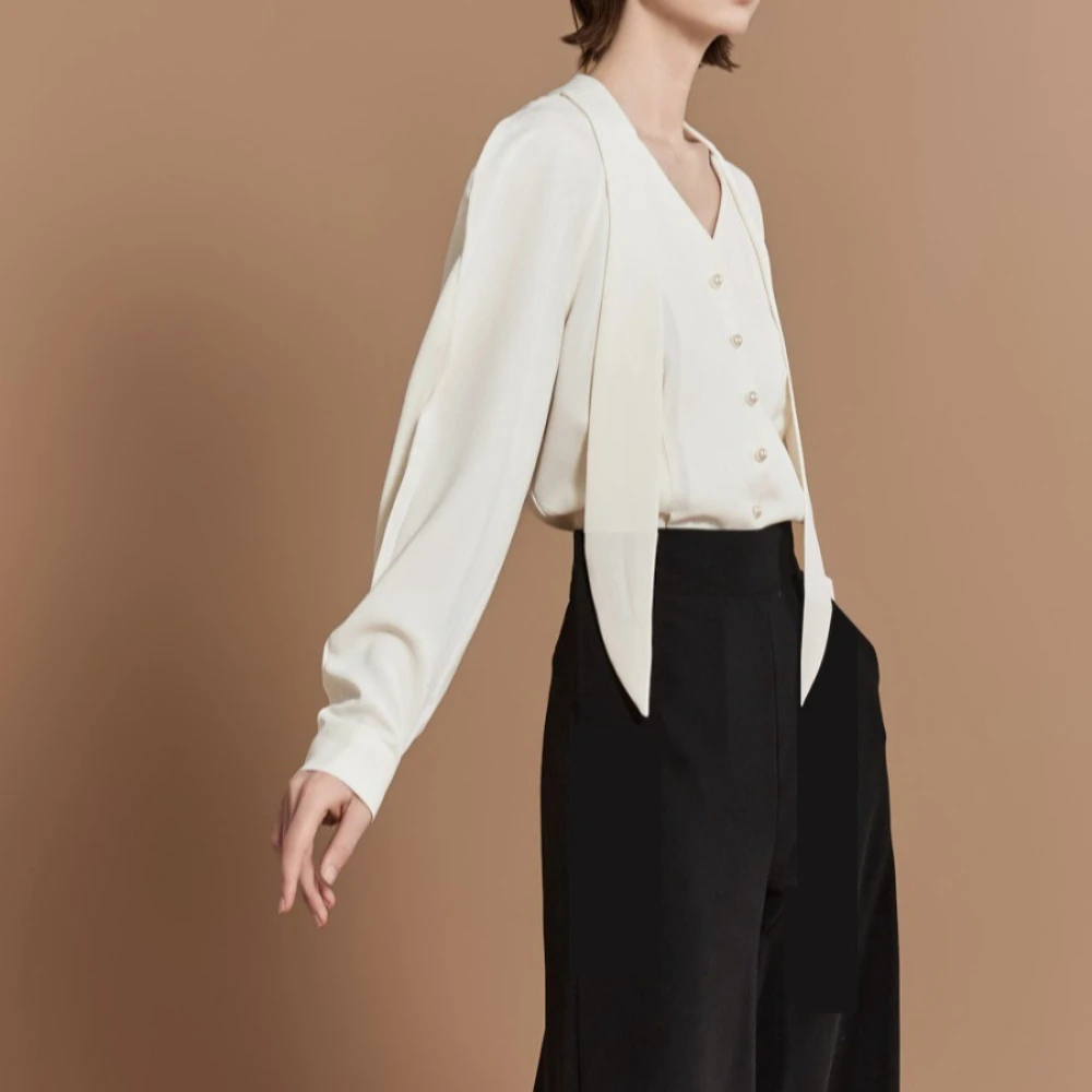 TWOTWINSTYLE المشمش تقسم الدانتيل يصل قميص الإناث الخامس الرقبة طويلة الأكمام فضفاضة الحد الأدنى مكتب المرأة قمصان الخريف موضة جديدة #3