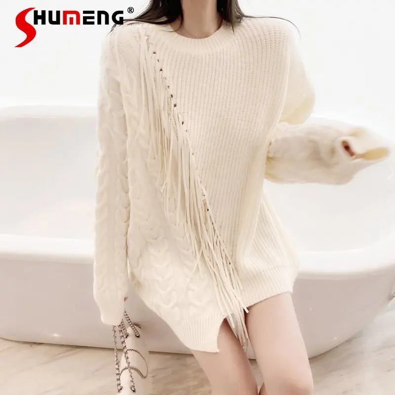 

Autumn Winter Women's New European Goods Loose-Fitting Fashion Design Sweater Stitching Rhinestone Tassel Knitted Pullover