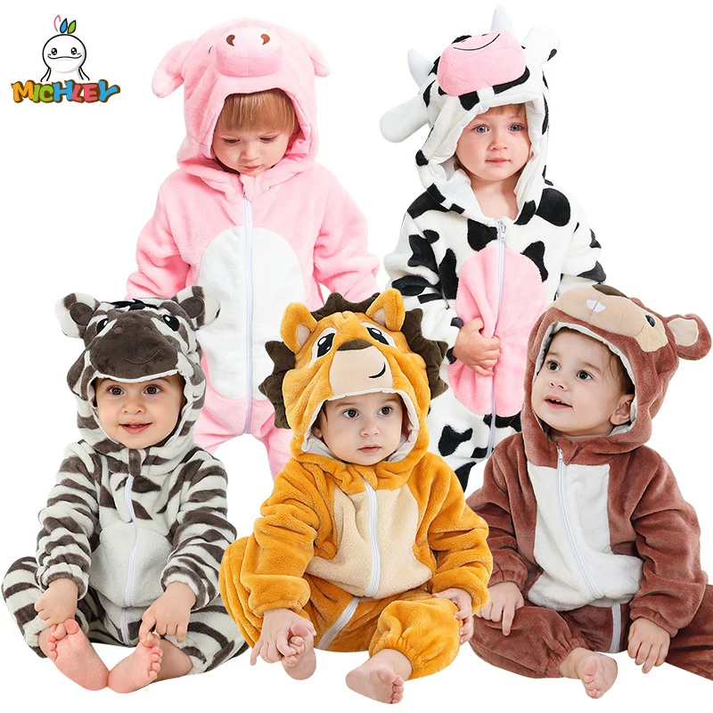 MICHLEY Halloween Baby Rompers Winter Clothes Costume Flannel Hooded Bodysuits Pajamas Animals Overall Jumpsuit For Kids Bebe