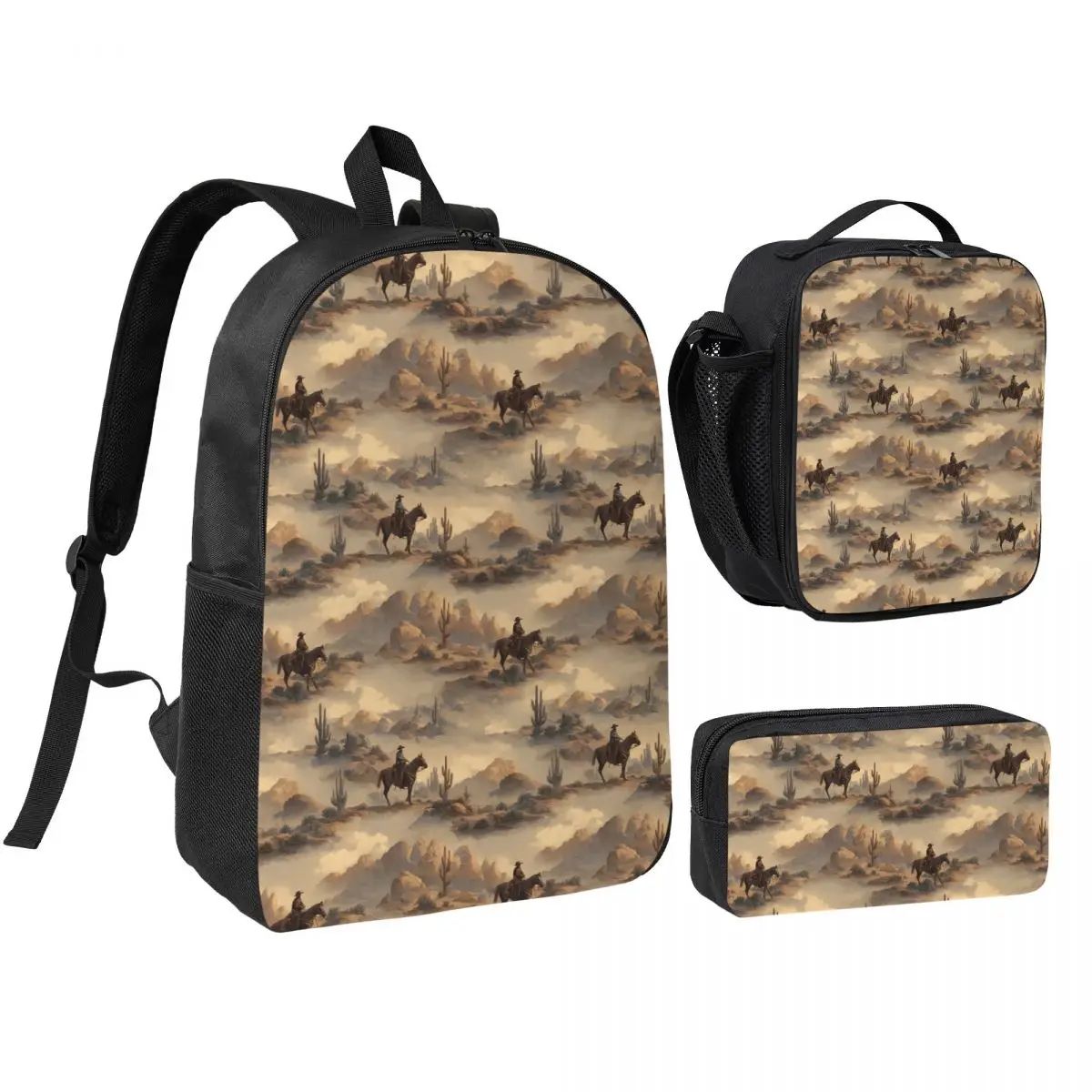 Cowboy In Desert Western Landscape Pattern Backpack Student BookBag School Bag Shoulder Bags 3ps Insulated Lunch Bag Pencil Case