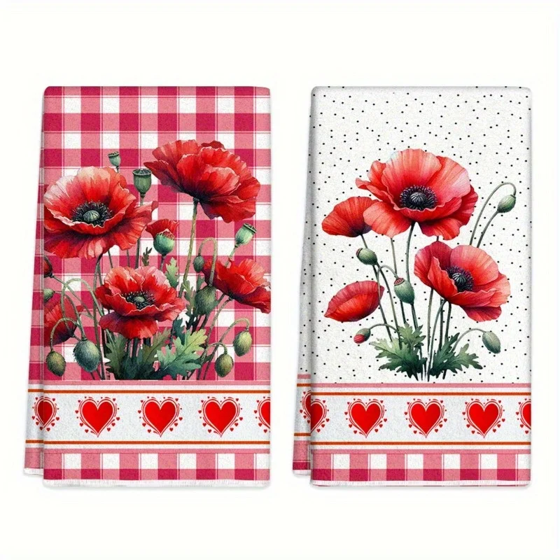 2Pcs, Vintage Poppy Flower Kitchen Towels, 40Cm*60Cm Towel Set, Soft Hand Towels with Buffalo Plaid and Polka Dot Prints, Suitable for Cooking and Cleaning, a Must-Have in the Kitchen and Home.