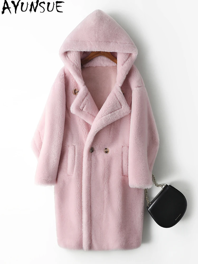 

AYUNSUE 2025 зимние пальто из натуральной шерсти для женщин, пальто средней длины с мехом и капюшоном, женская одежда, верхняя одежда высокого качества Abrigo Mujer