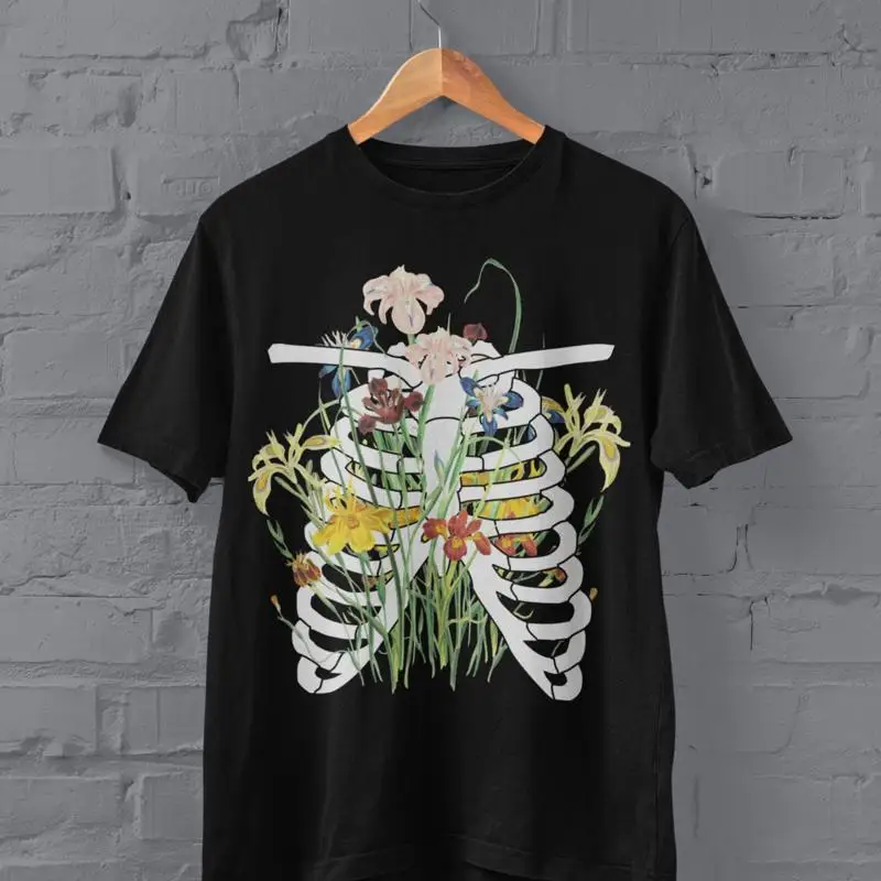 

Skeleton T Shirt Pastel Goth Clothing Grunge Ribs Wildflowers Alt Dark Academia Y2K Goblincore