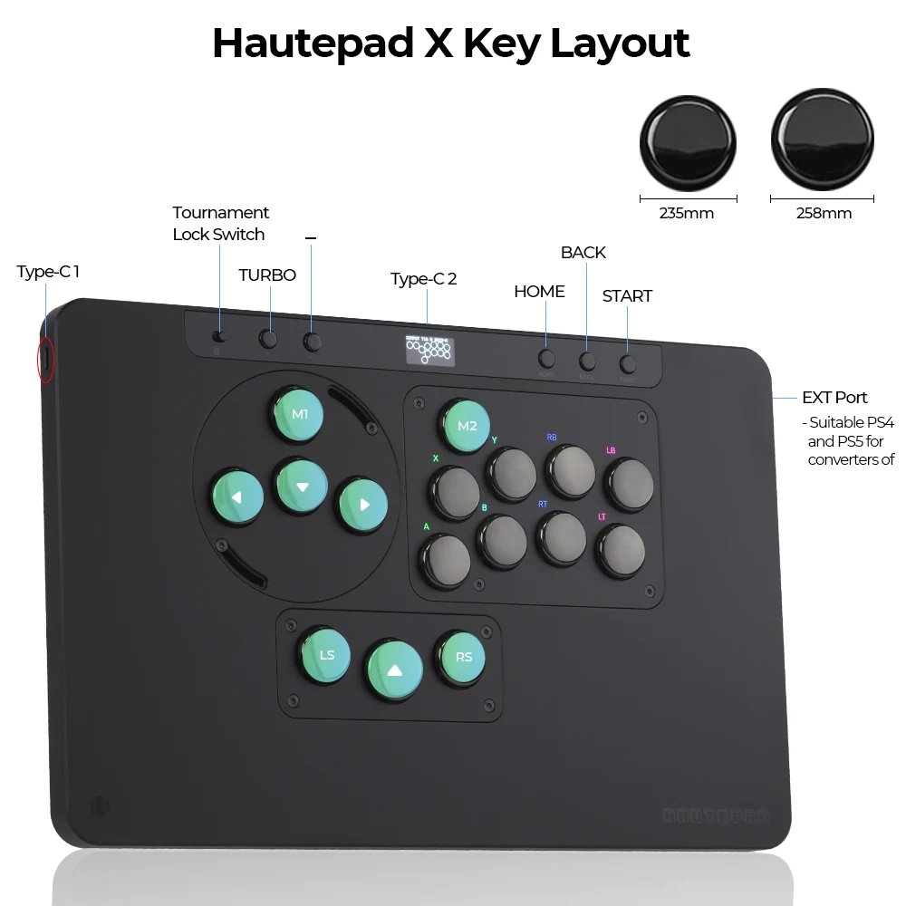 Haute42 Arcade Hebellose Steuerung HautePad X Stickless Fightstick für PC/PS4/PS5 Hitbox Controller Ambient RGB PL/ MX Modul