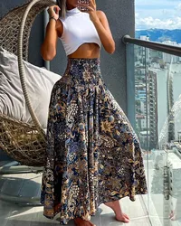 New Fashion Women's Pants Sexy Floral Print Shirred Wide Leg Pants Elegant Female Trouser Casual Bottom Female Clothing