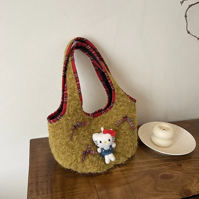 Cartoon Hello Kitty Woolen Shoulder Bag Niche Doll Portable Basket Bag Armpit Bag Retro Style Women's Contrast Color Model