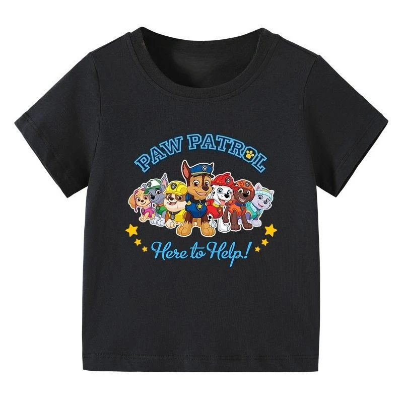 Cartoon PAW Patrol Toddler Cotton T‑Shirt Full Rescue Dog Team Here To Help Graphic Short Sleeve Tee Boys Girls Kids Black Tops