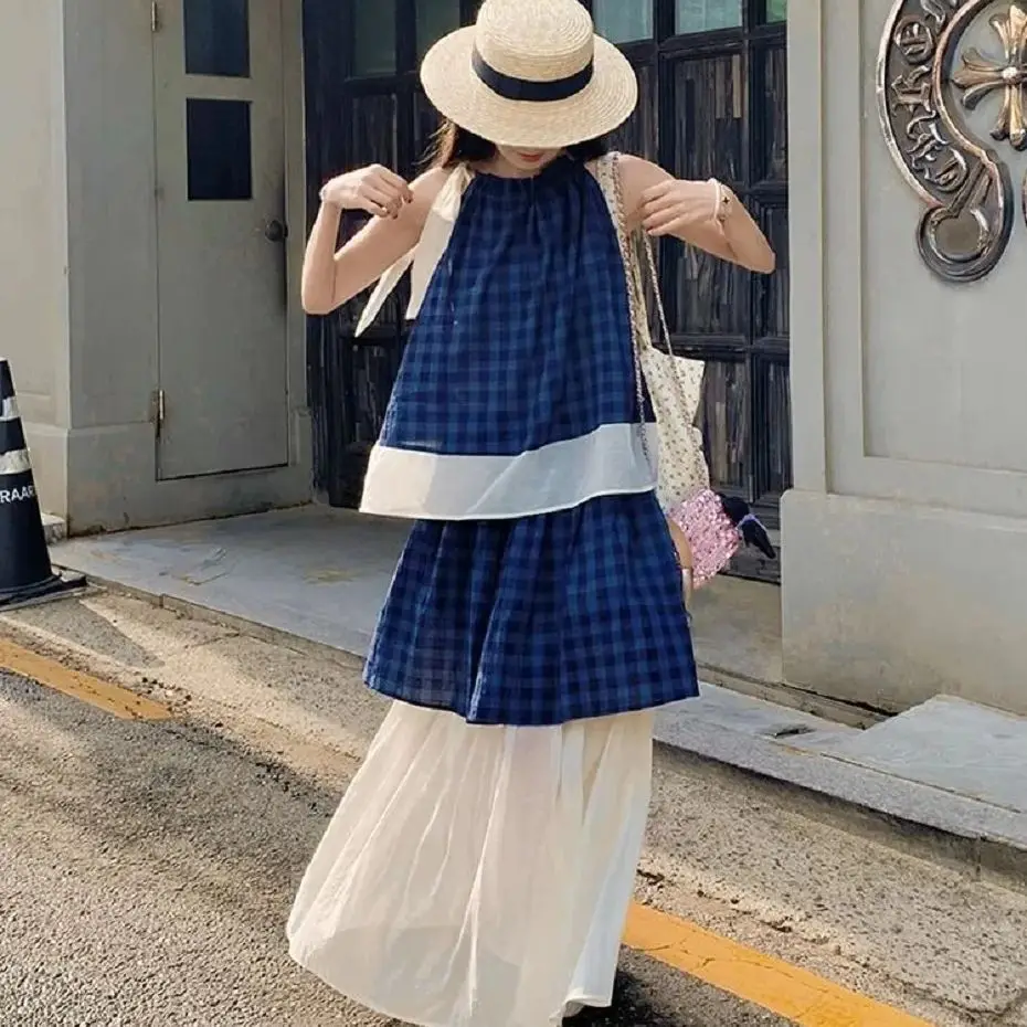 Two-Piece Set Plaid Suspender Sleeveless Top Women Long Skirt Summer New Niche Design Fresh Set