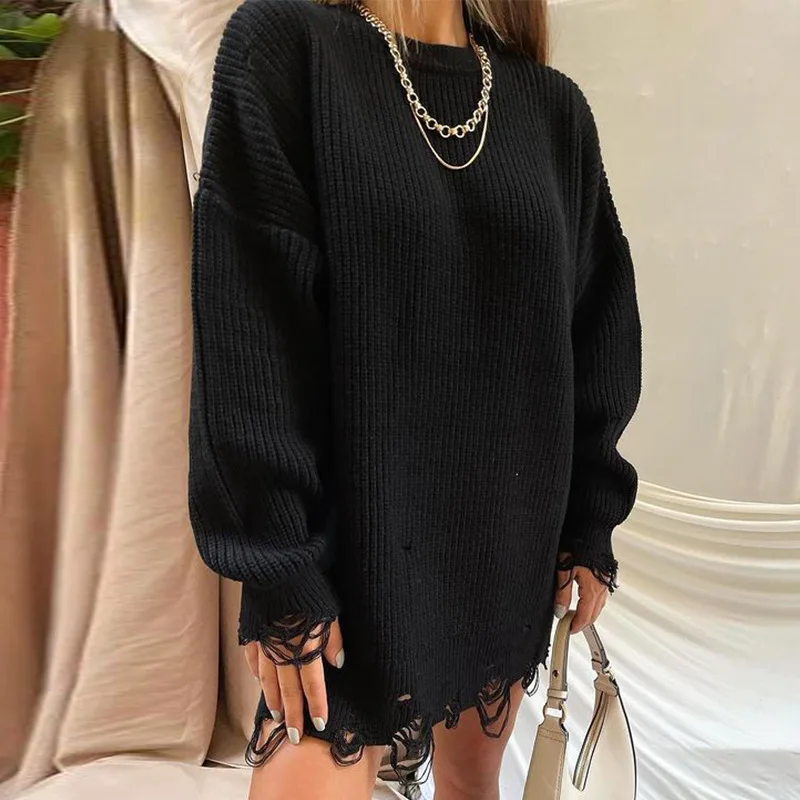 Loose Solid Color Holed Sweater Mid-Length Autumn and Winter European and American Spring and Autumn Round Ropa Para Mujer