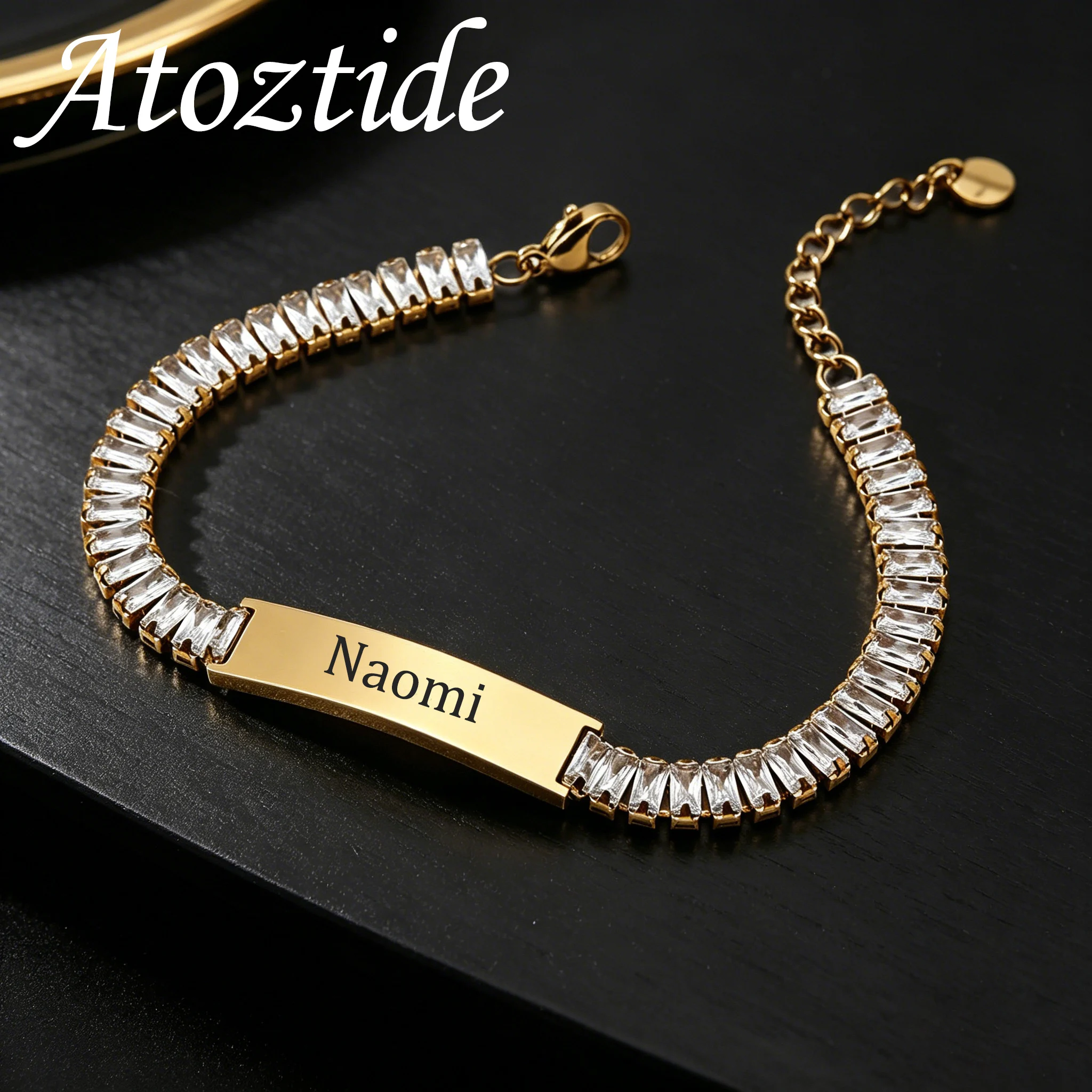 Atoztide Engrave Name Zircon Cuban Chain Bracelet Stainless Steel For Women Men Adjustable Jewelry Personalized Birthday Gift